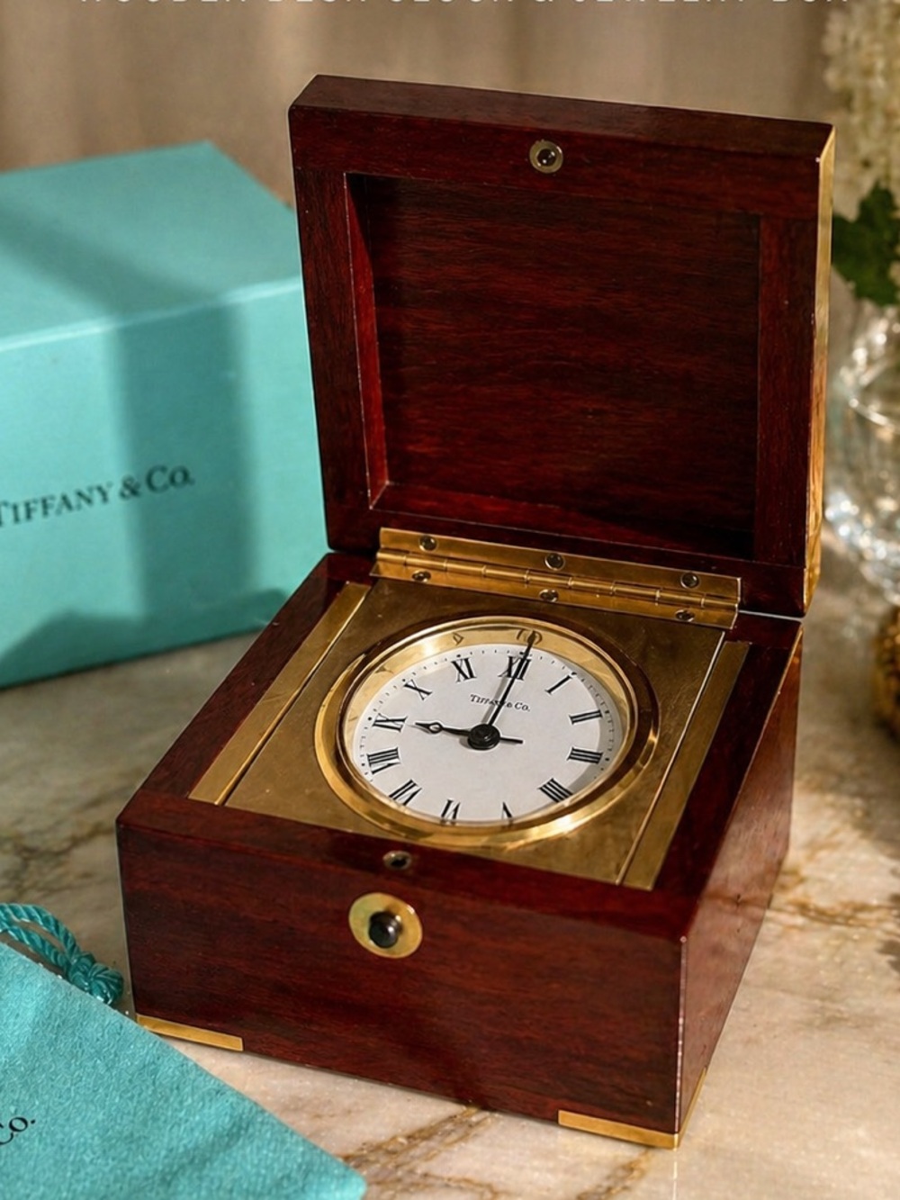 Tiffany & Co Wooden Desk Clock Jewelry Box Brass Travel Clock
